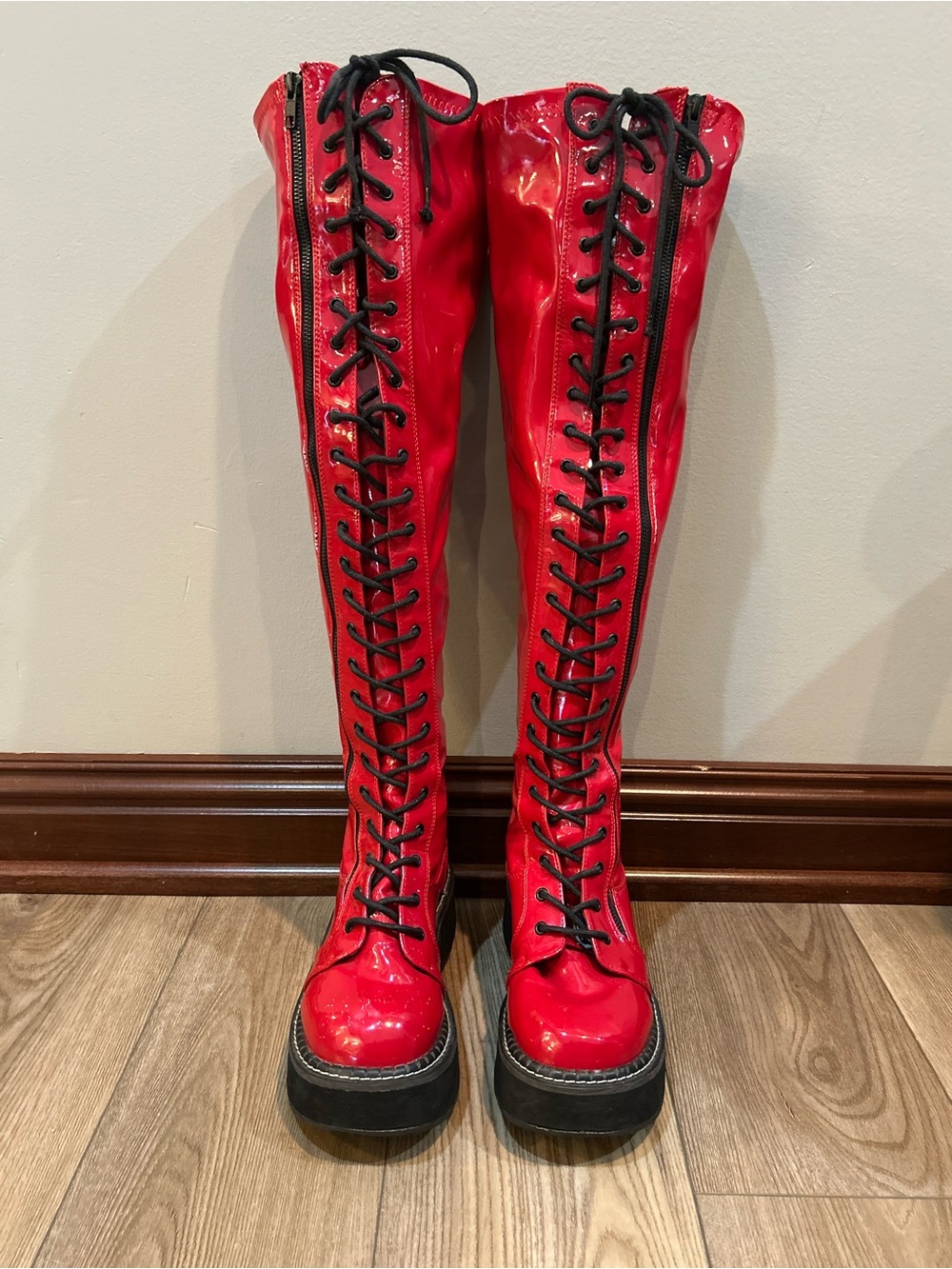 Demonia Emily-375 Red Patent Knee High Platform Lace Up Boots Womens 12